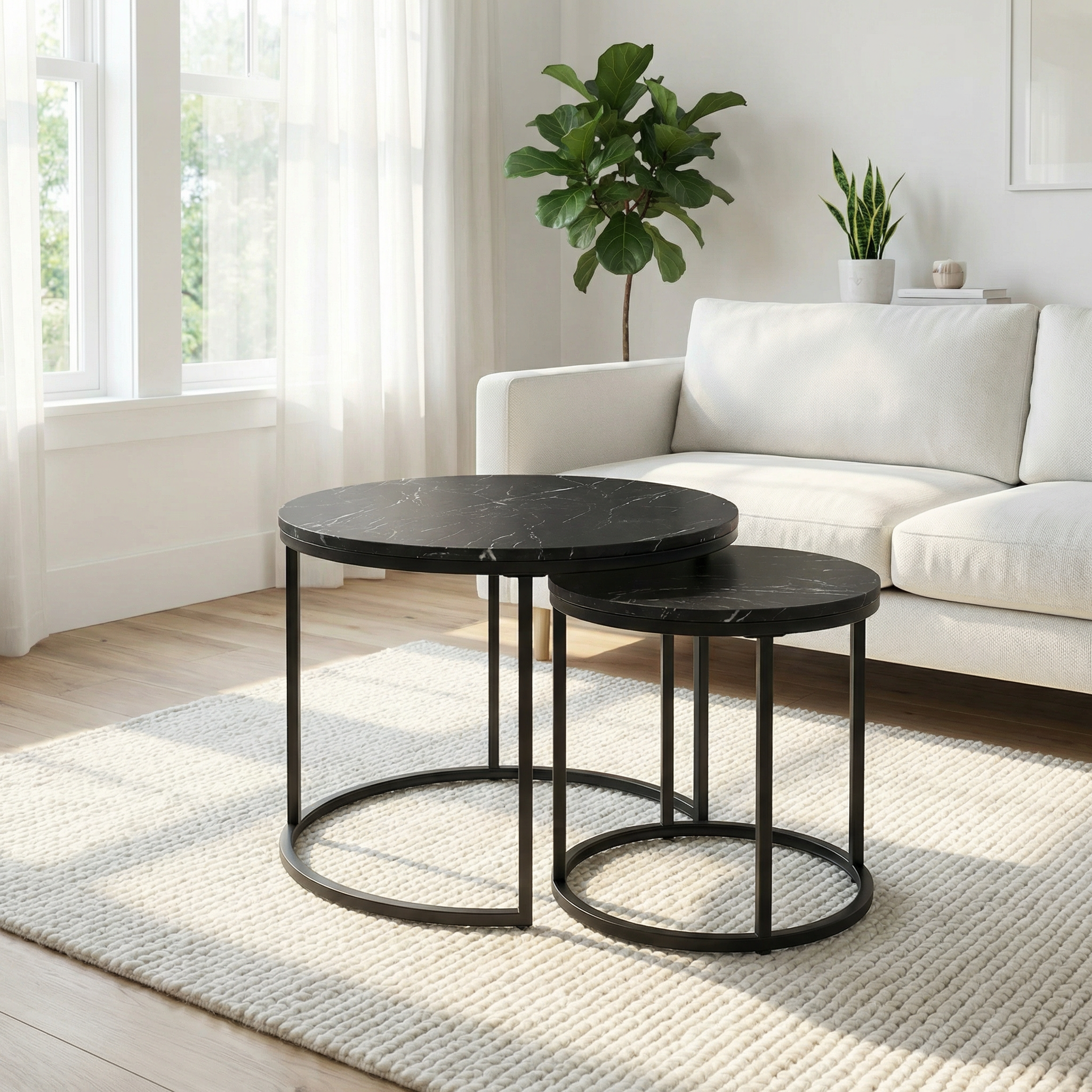Lot de 2 Tables Basses Gigognes Rondes - Effet Marbre Noir