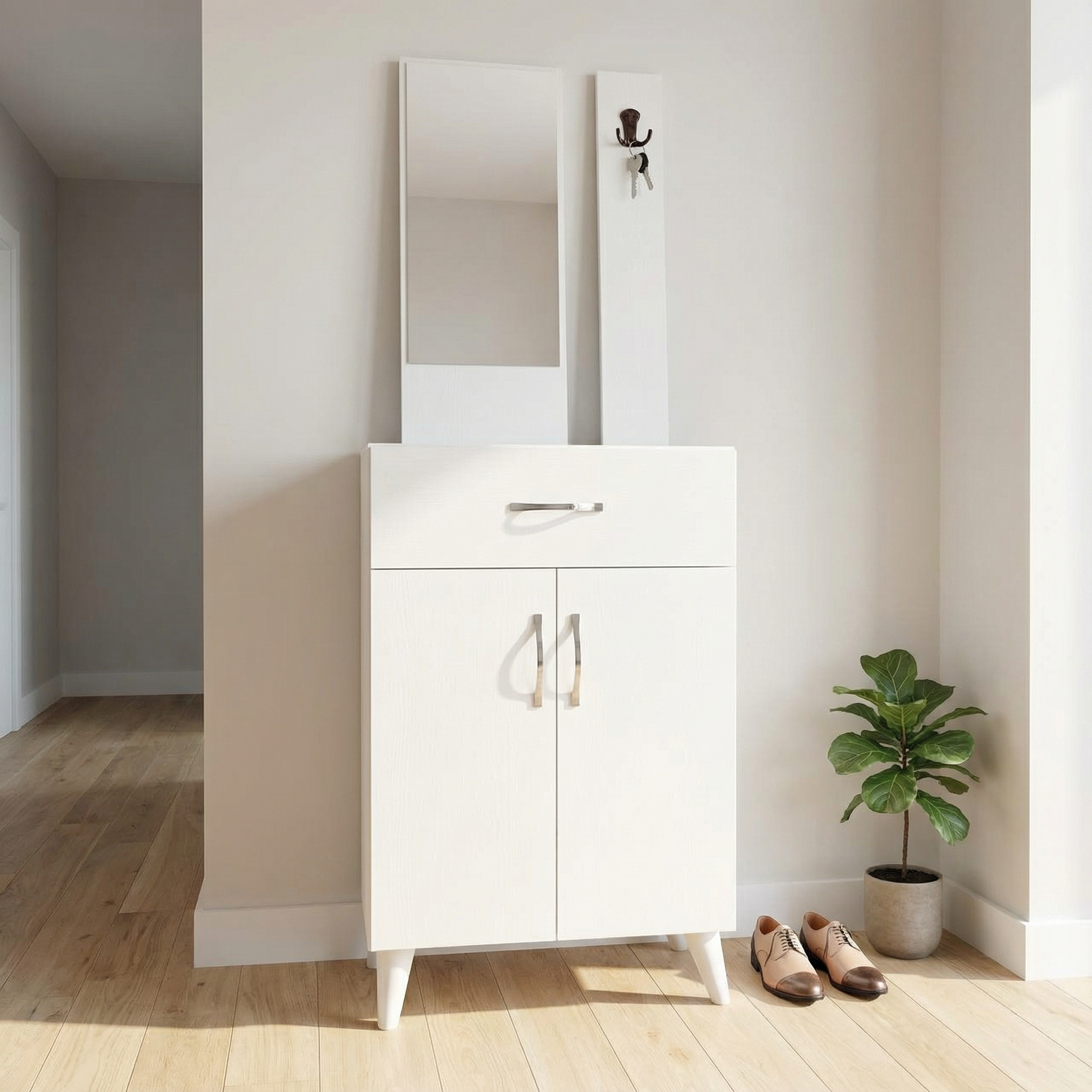 Ensemble Meuble d'Entrée Complet avec Miroir et Porte-Manteau blanc 3p