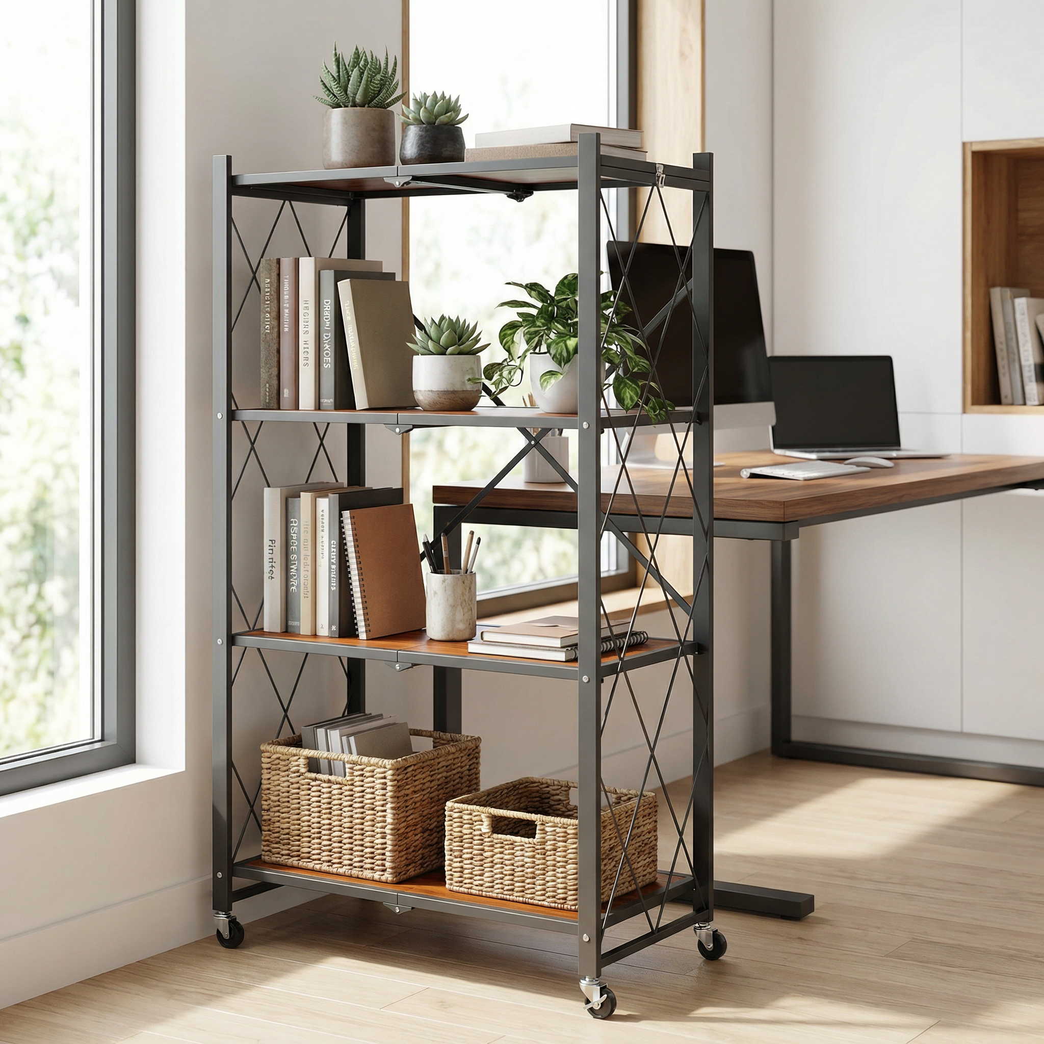 Étagère de Rangement 4 Niveaux sur Roulettes - Style Industriel