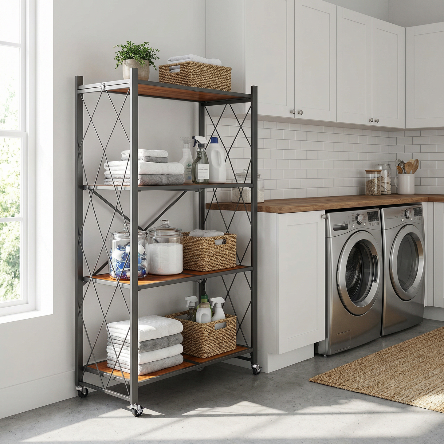 Étagère de Rangement 4 Niveaux sur Roulettes - Style Industriel