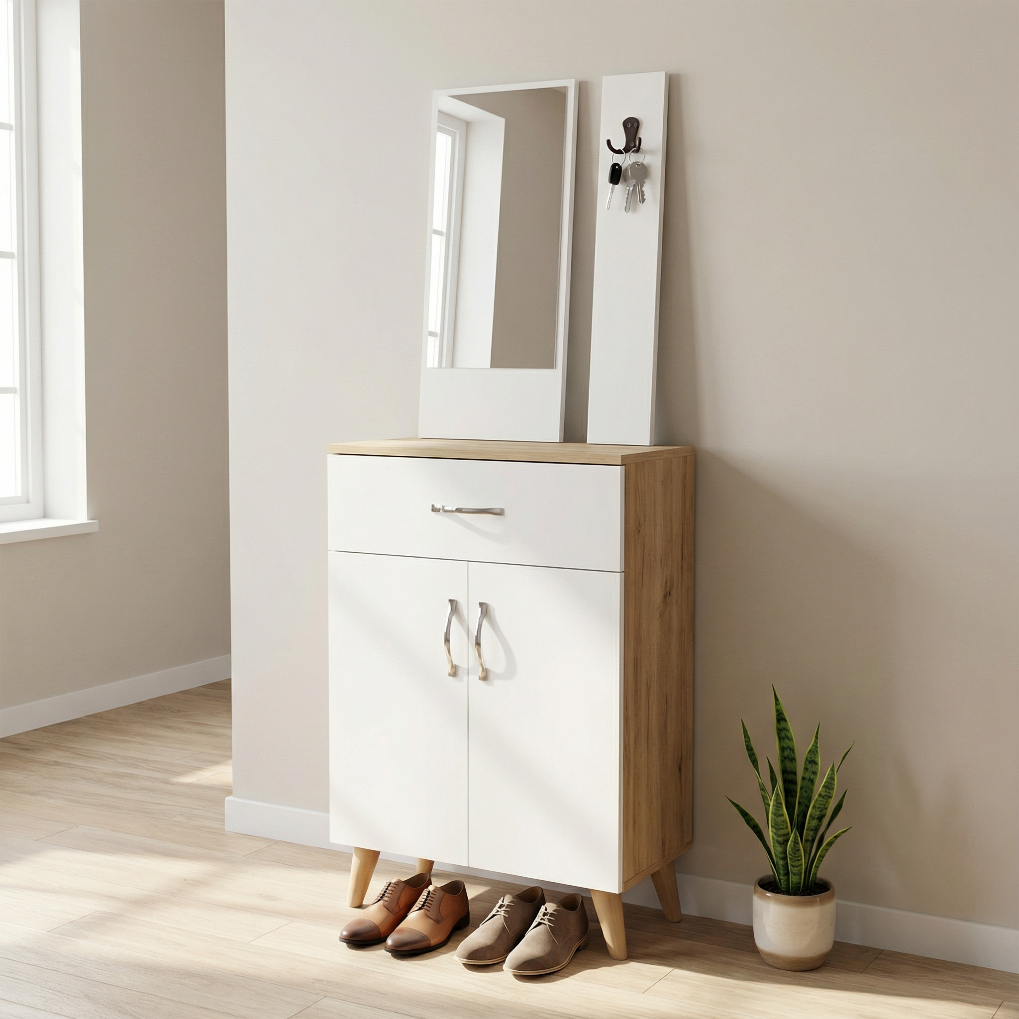 Ensemble Meuble d'Entrée Complet avec Miroir et Porte-Manteau marron 3p blanc