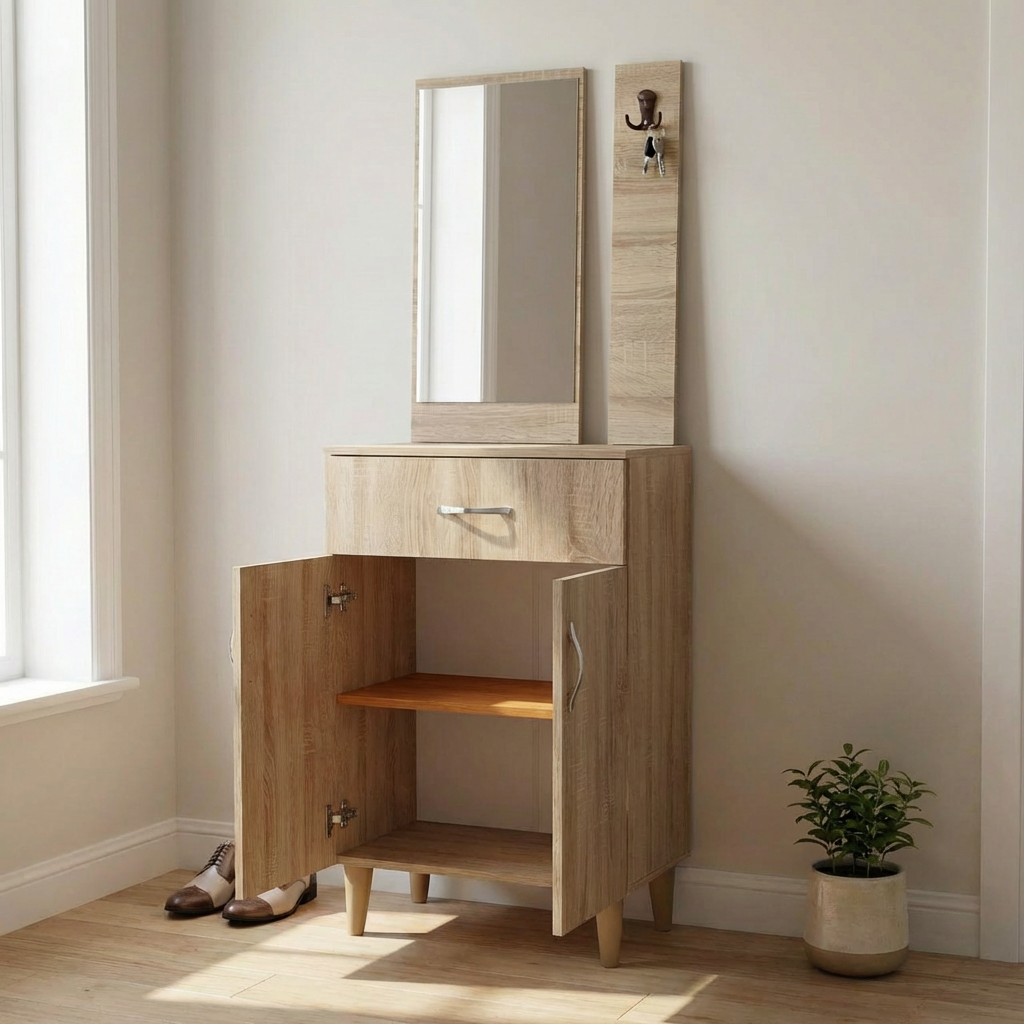Ensemble Meuble d'Entrée Complet avec Miroir et Porte-Manteau beige 3p