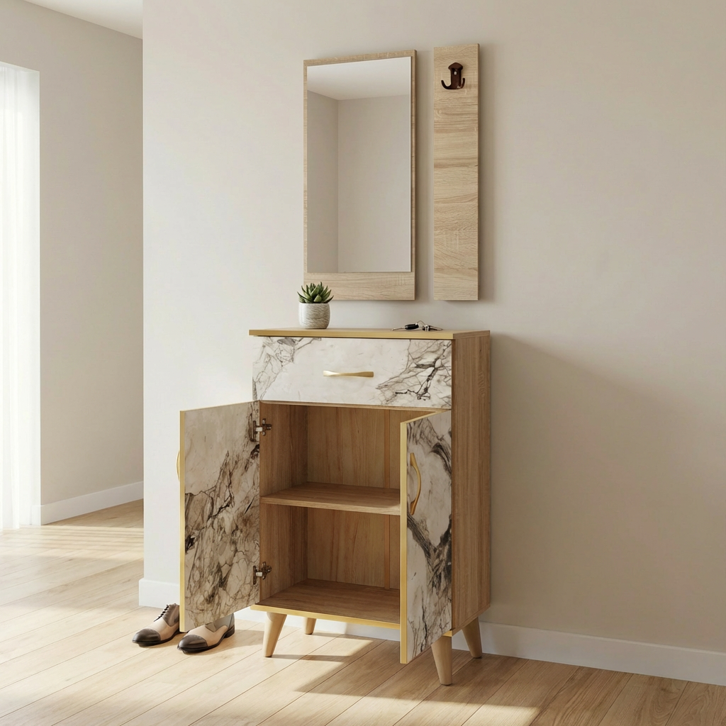 Ensemble Meuble d'Entrée Complet avec Miroir et Porte-Manteau marbré 3p