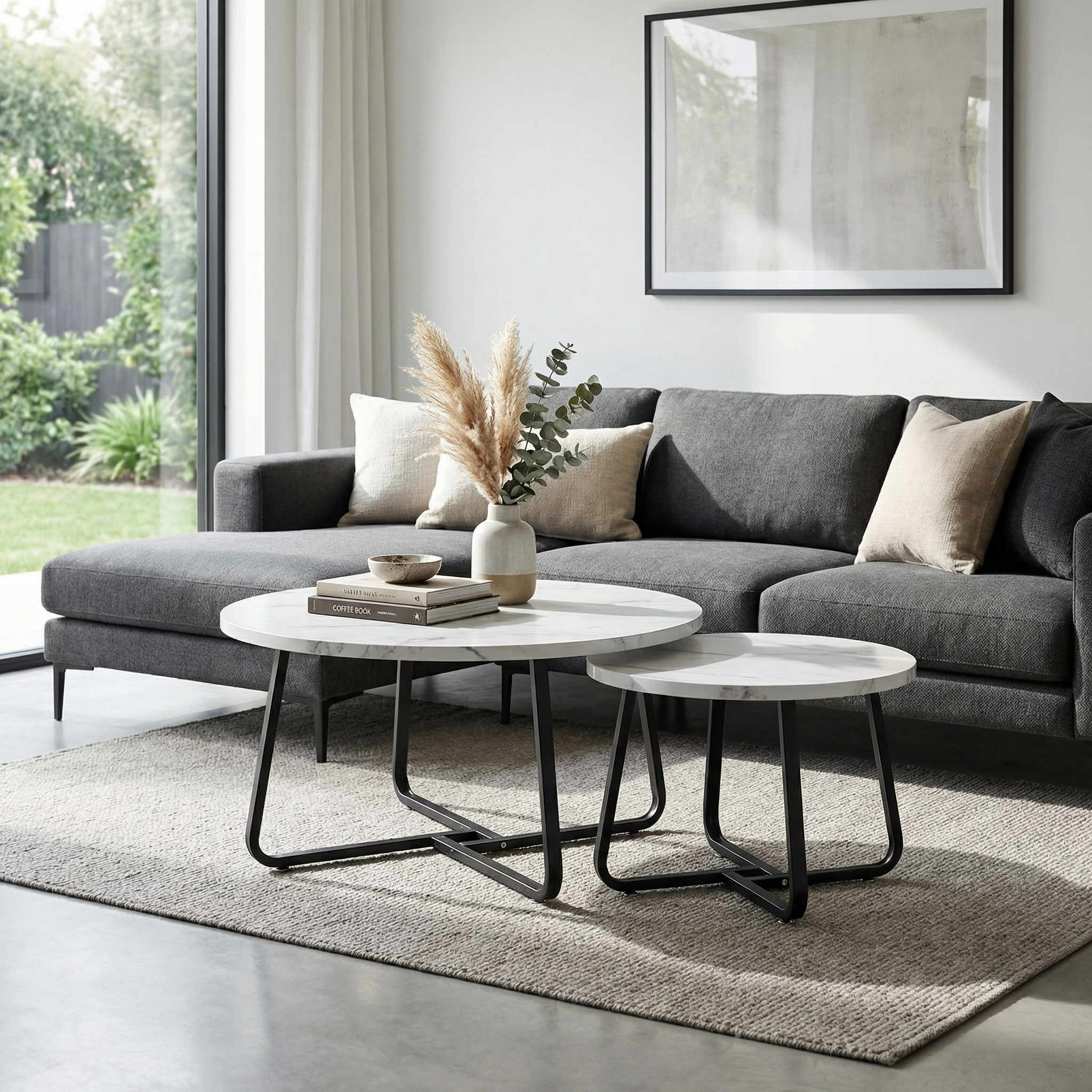 Lot de 2 Tables Basses Gigognes avec Rebords - Effet Marbre Blanc