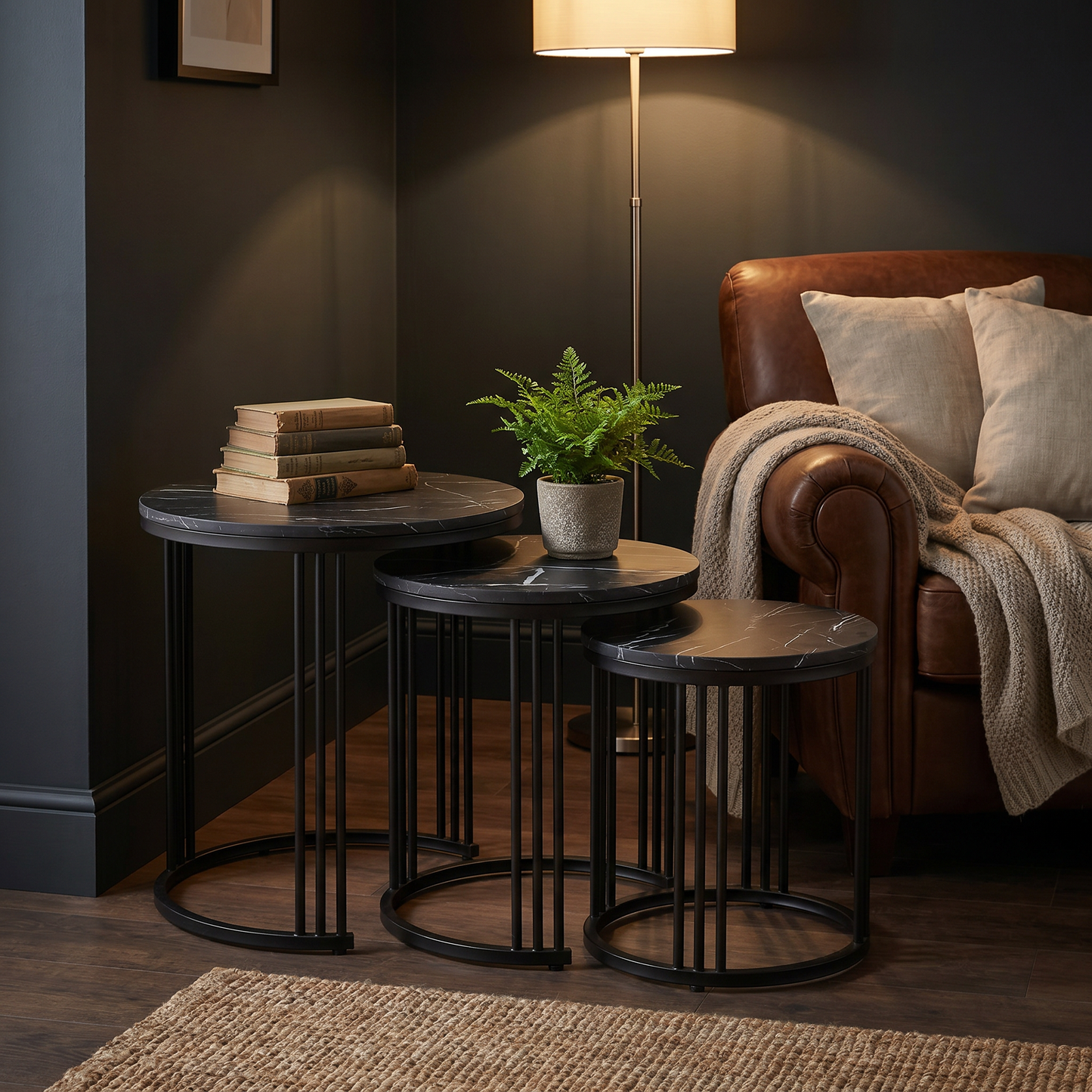 Lot de 3 Tables d'Appoint Gigognes - Effet Marbre Noir