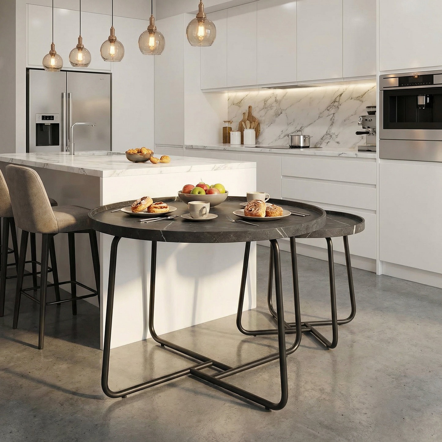 Lot de 2 Tables Basses Gigognes avec Rebords - Effet Marbre Noir