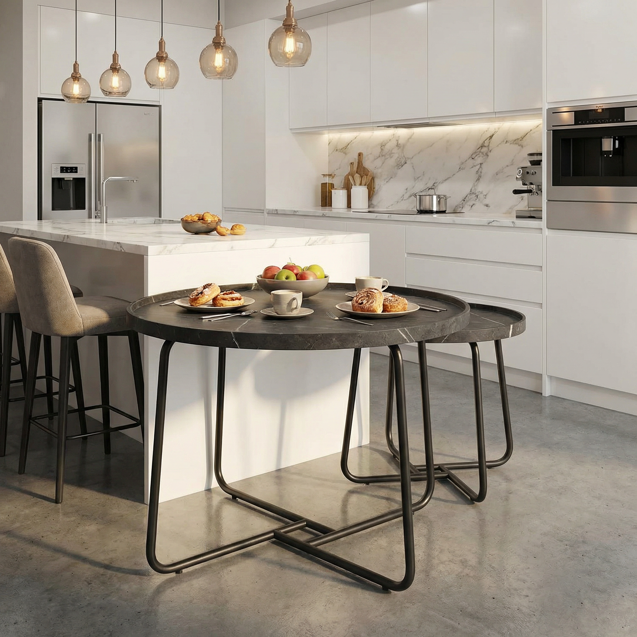 Lot de 2 Tables Basses Gigognes avec Rebords - Effet Marbre Noir