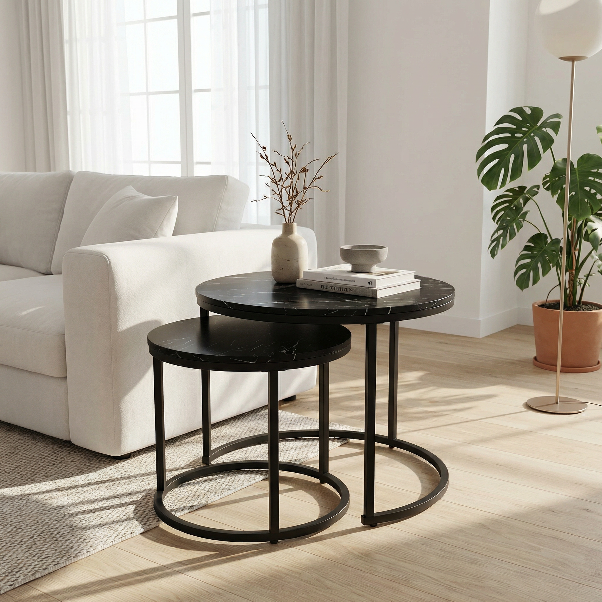 Lot de 2 Tables Basses Gigognes Rondes - Effet Marbre Noir