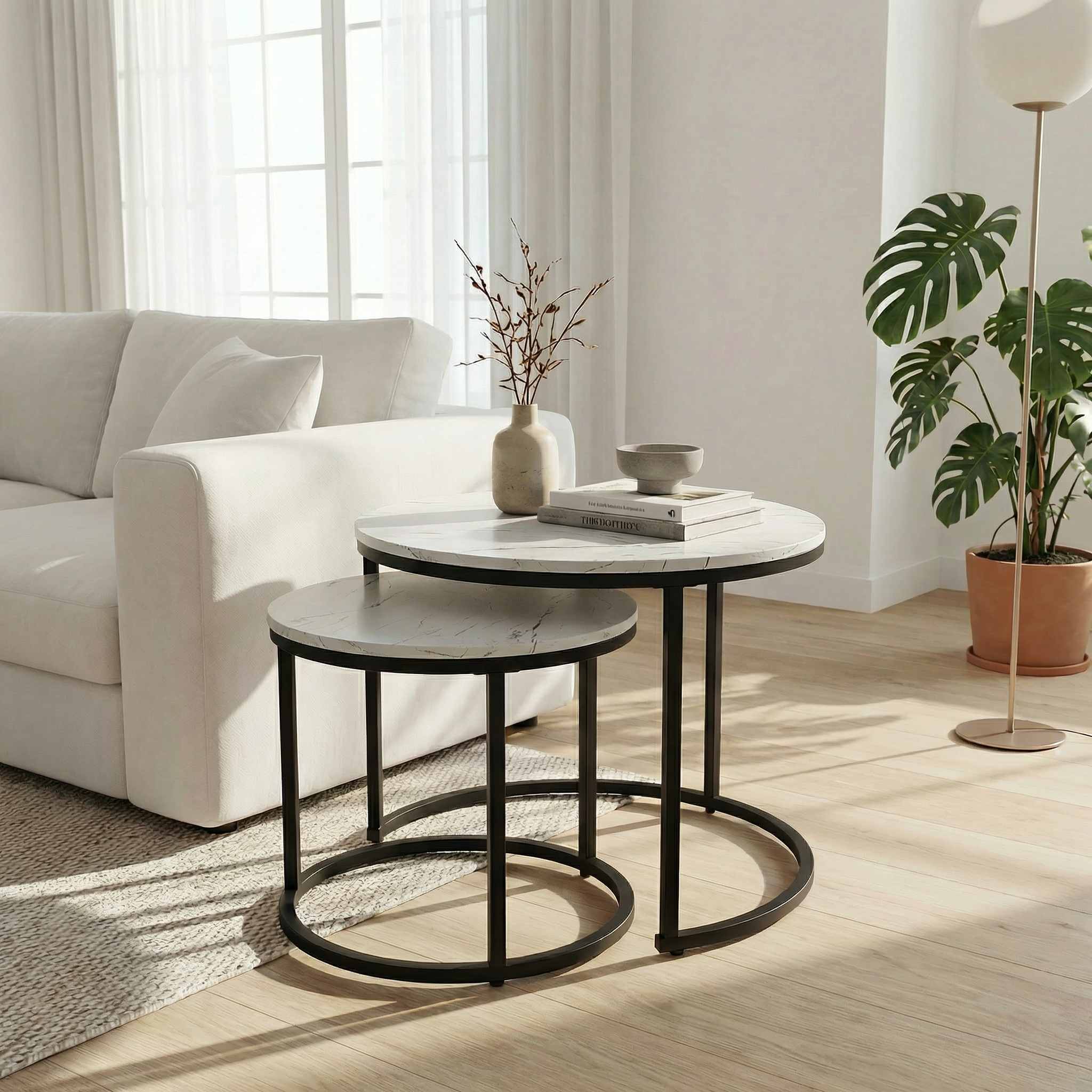 Lot de 2 Tables Basses Gigognes Rondes - Effet Marbre Blanc