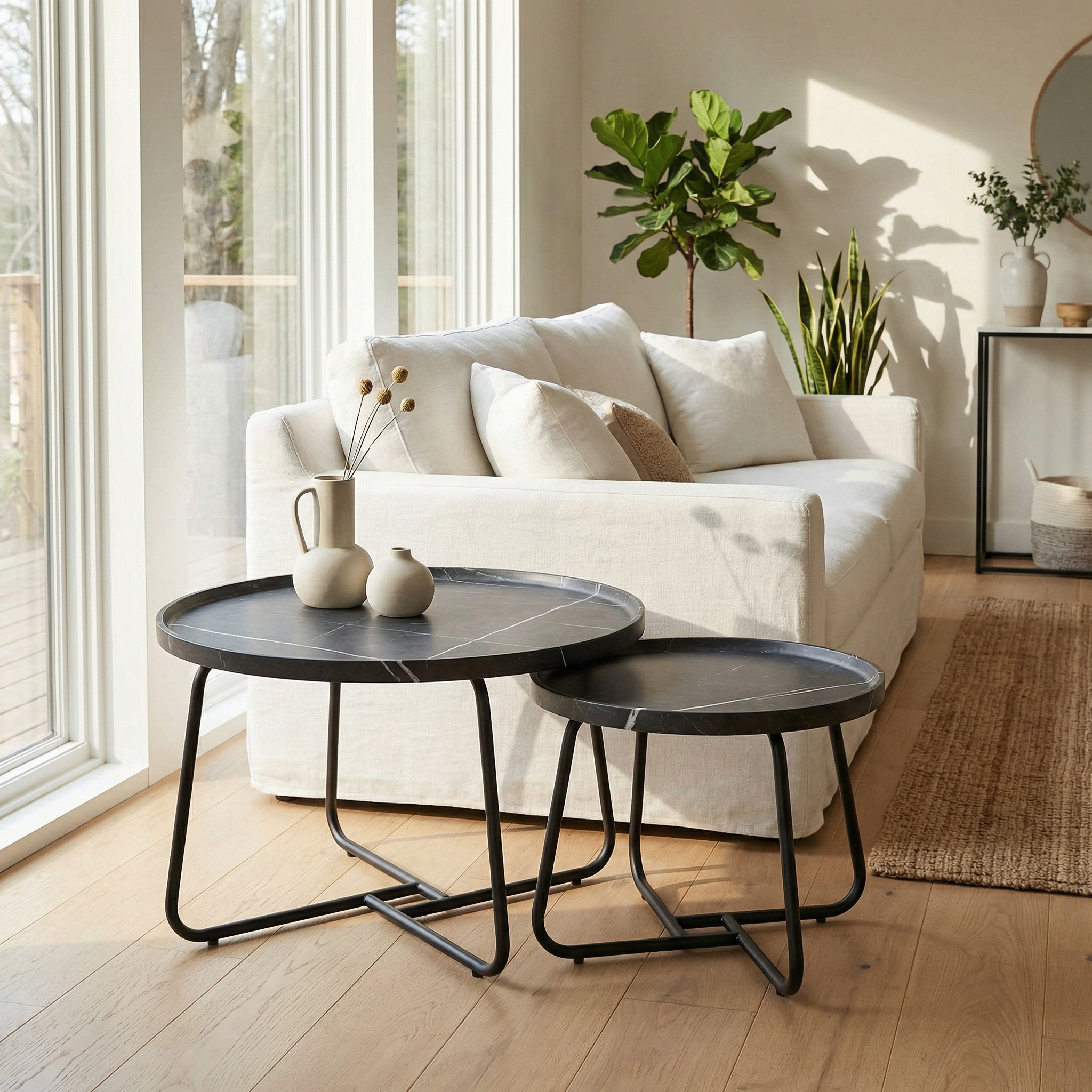 Lot de 2 Tables Basses Gigognes avec Rebords - Effet Marbre Noir