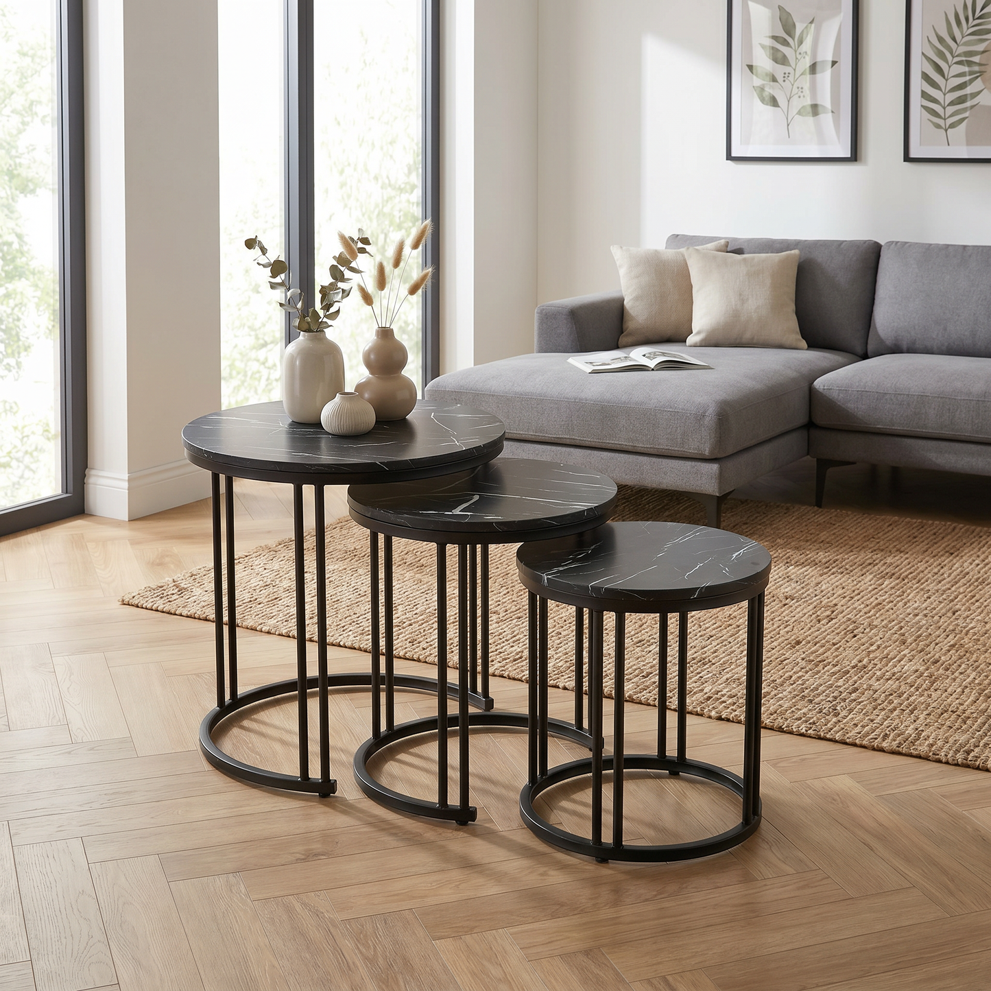 Lot de 3 Tables d'Appoint Gigognes - Effet Marbre Noir