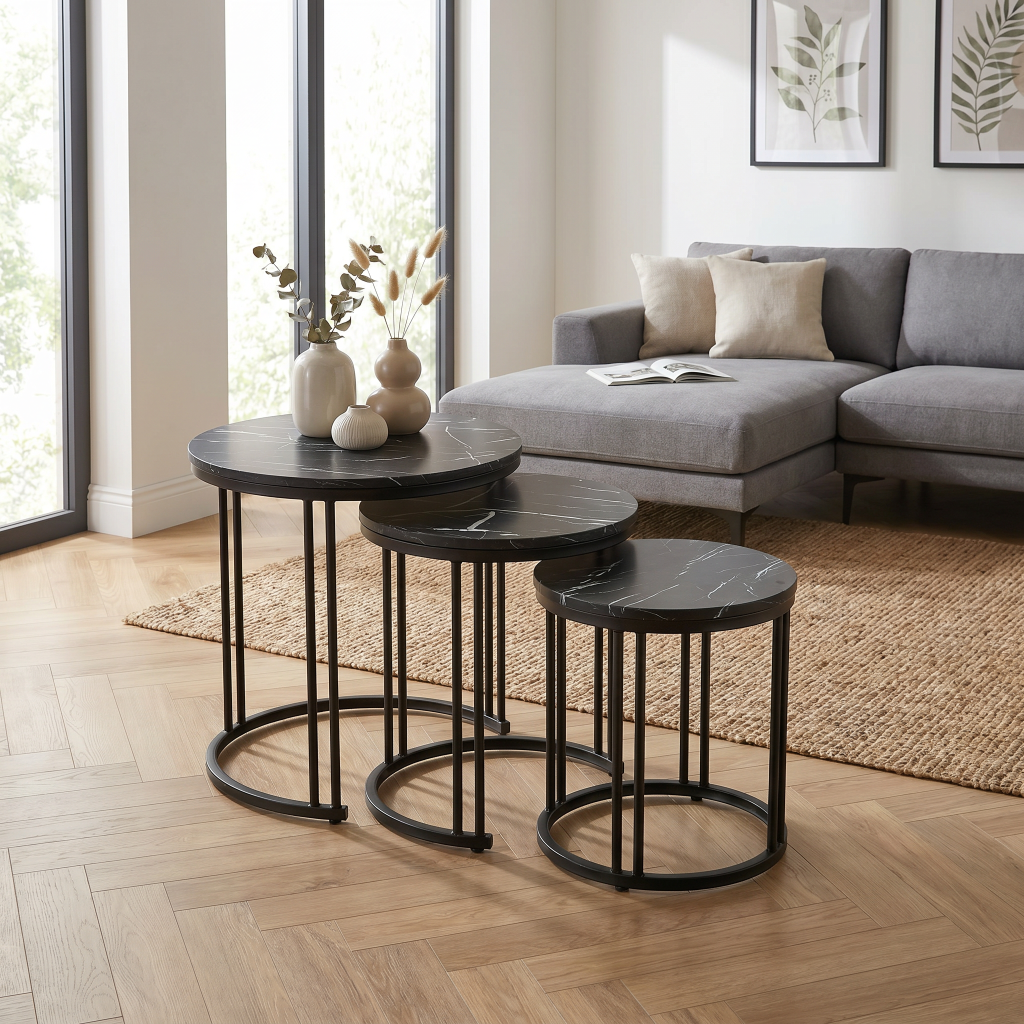 Lot de 3 Tables d'Appoint Gigognes - Effet Marbre Noir
