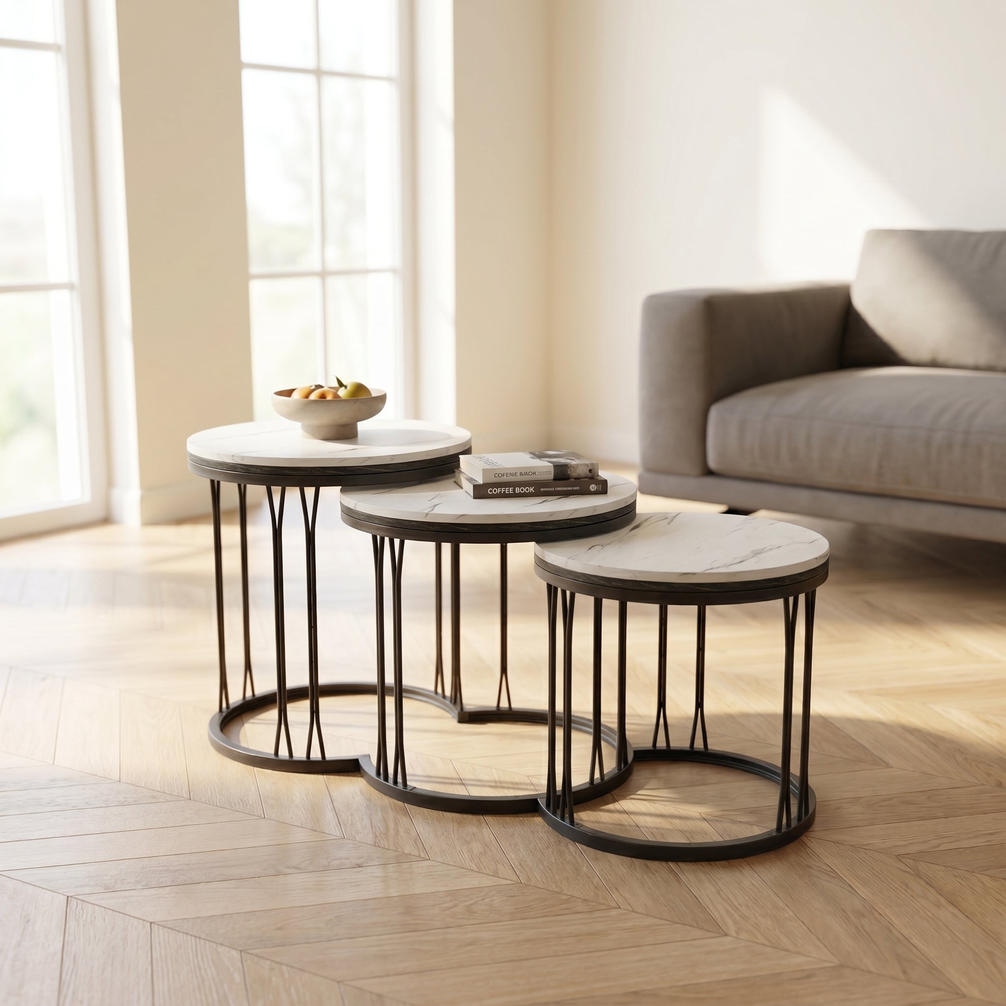 Lot de 3 Tables d'Appoint Gigognes -  Effet Marbre Blanc