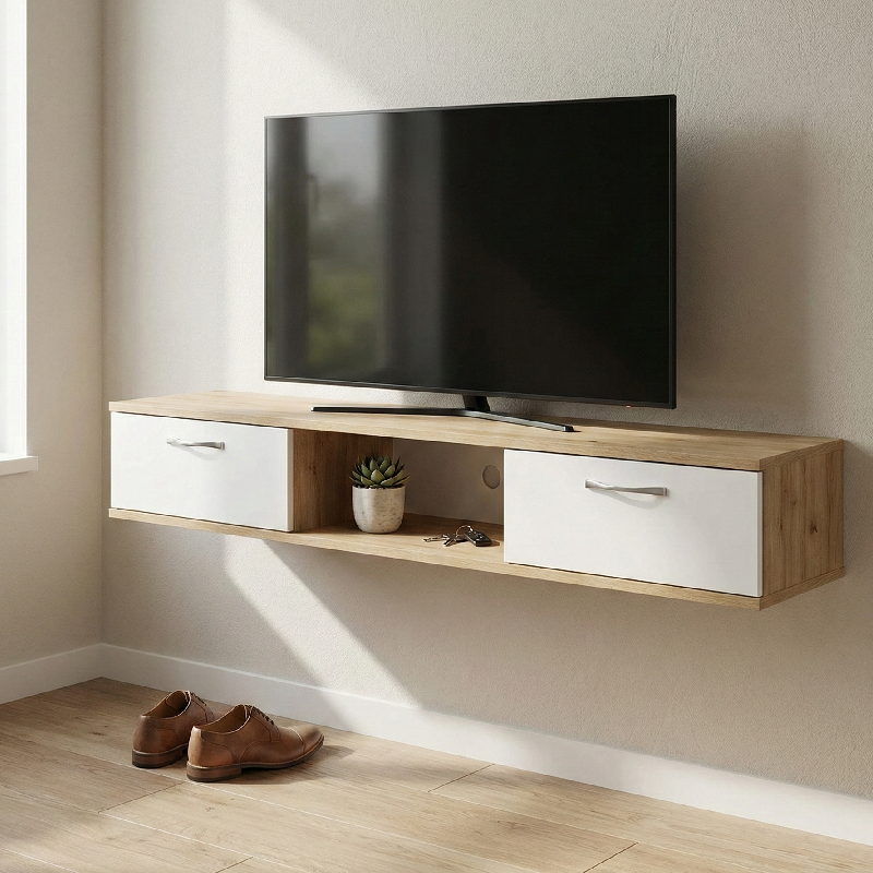Meuble TV Suspendu avec deux Rangement - effet bois clair&blanc beige 2p blanc