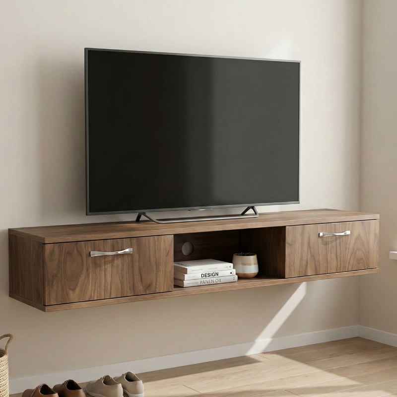 Meuble TV Suspendu  avec deux  Rangement - effet bois foncé marron