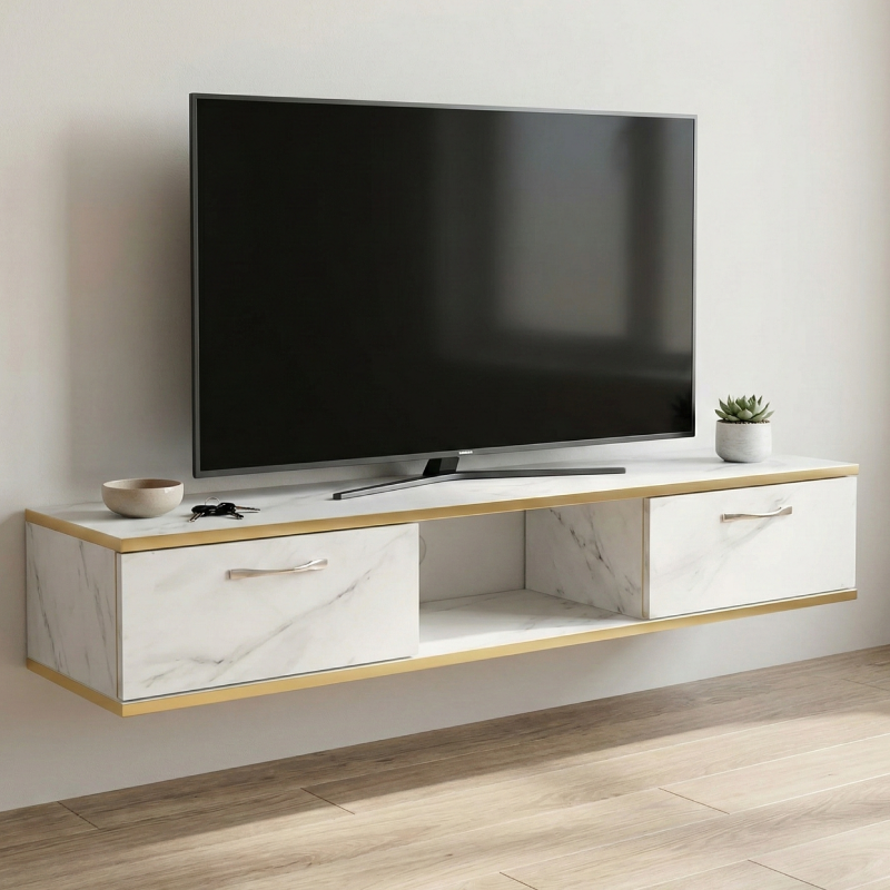 Meuble TV Suspendu  avec deux Rangement - Effet marbré