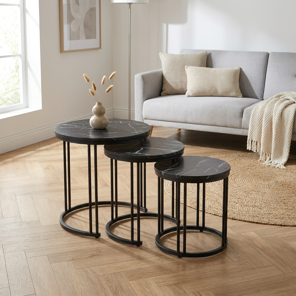 Lot de 3 Tables d'Appoint Gigognes - Effet Marbre Noir