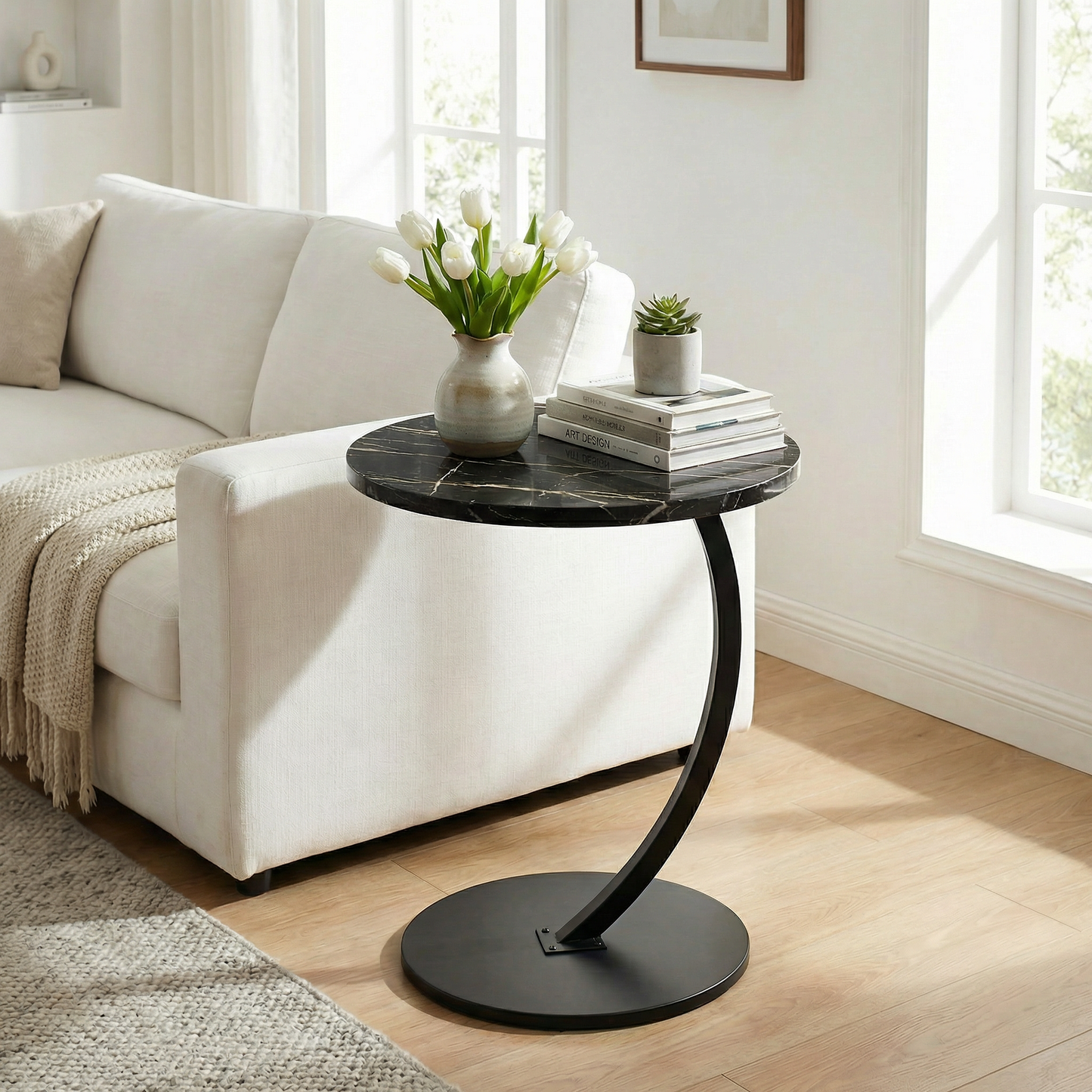Table d'Appoint Bout de Canapé en C - Effet Marbre Noir