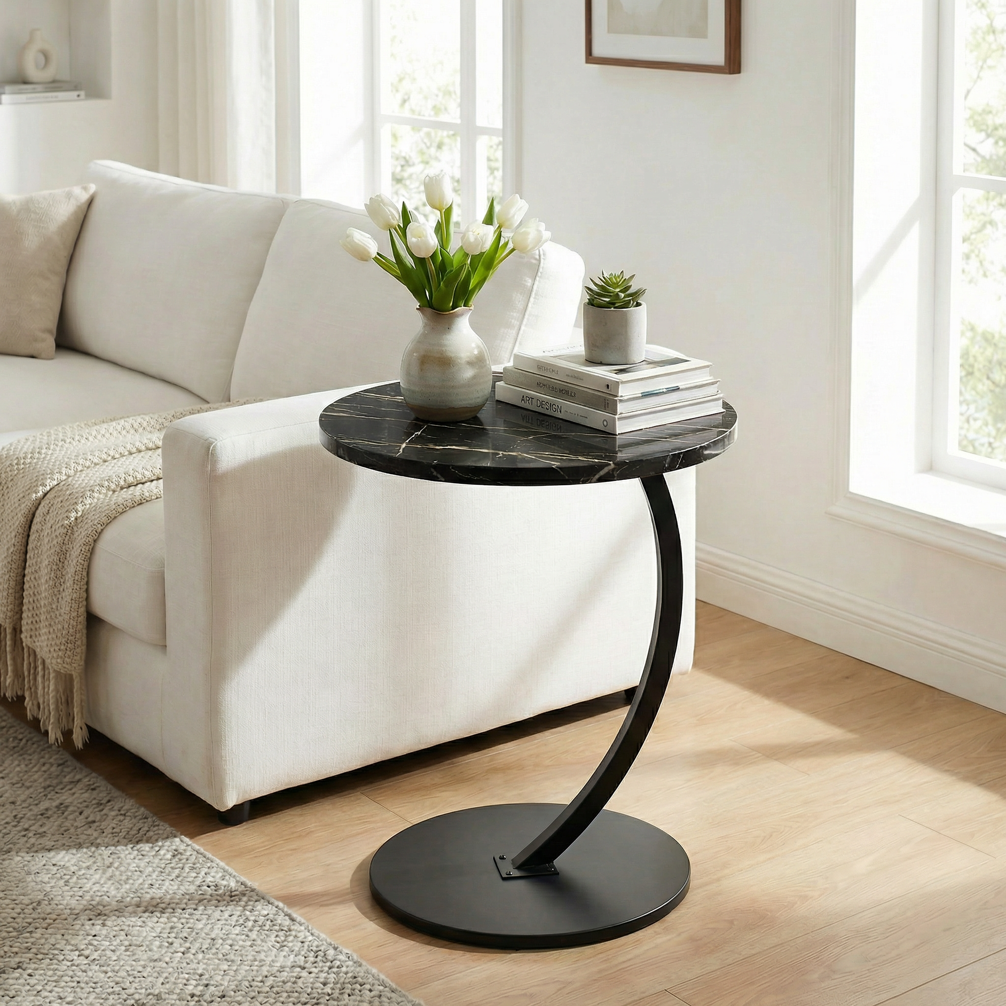 Table d'Appoint Bout de Canapé en C - Effet Marbre Noir