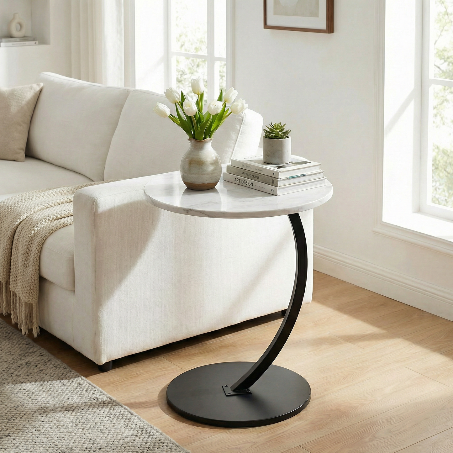 Table d'Appoint Bout de Canapé en C - Effet Marbre Blanc