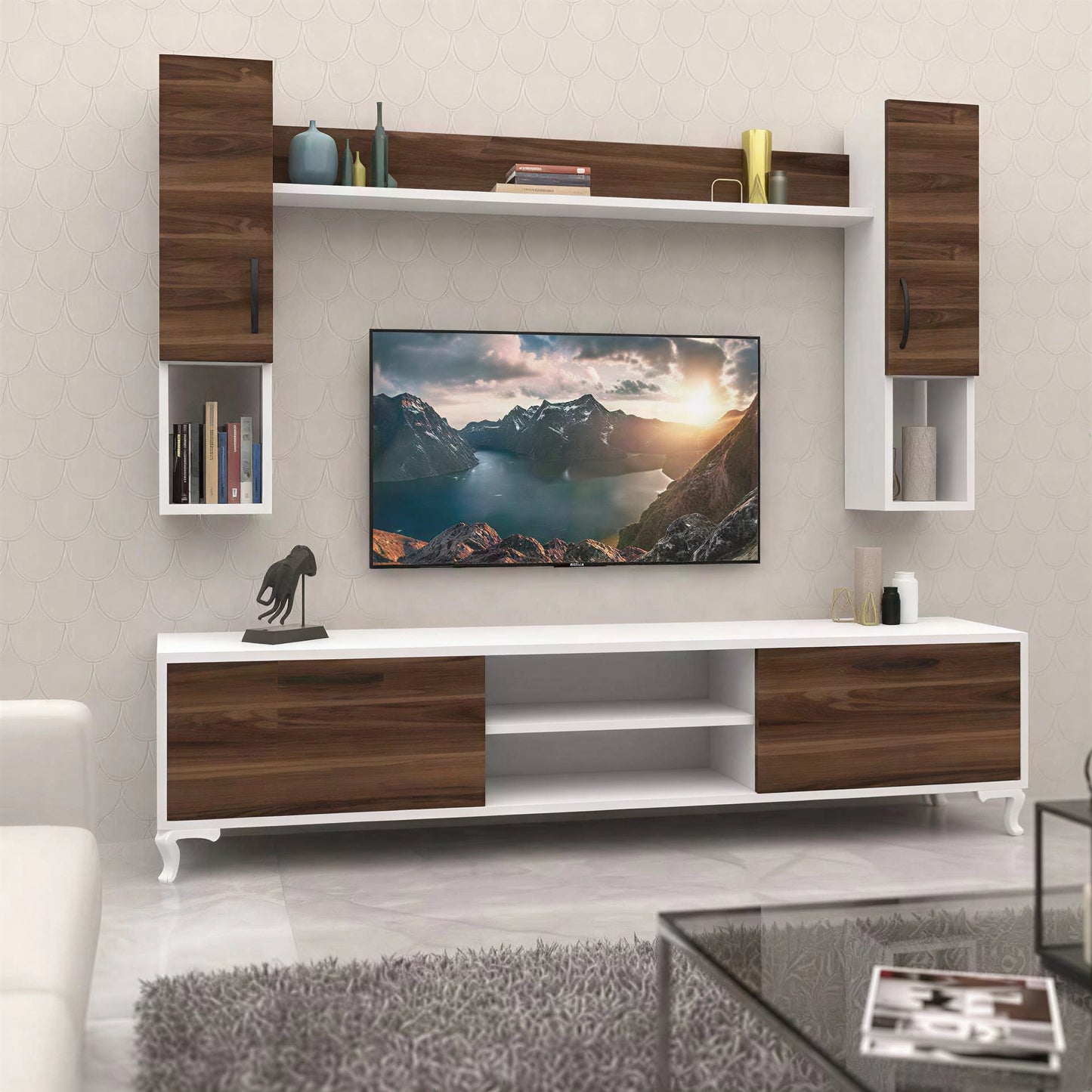 Meuble TV Moderne avec Rangements Mixtes et niches grand modéle L9 blanc _marron