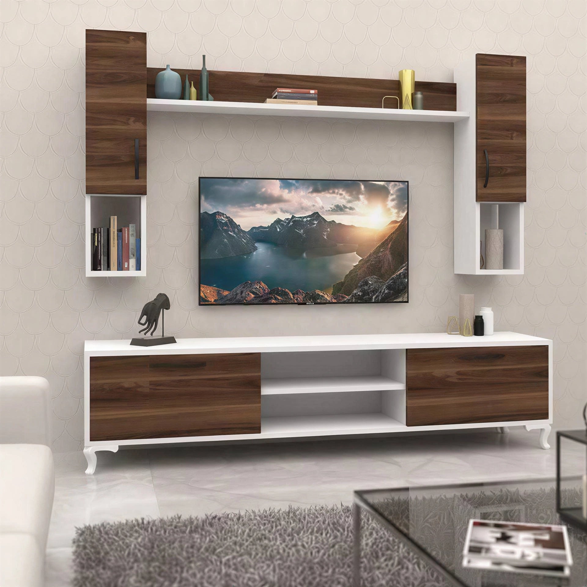 Meuble TV Moderne avec Rangements Mixtes et niches grand modéle L9 blanc _marron