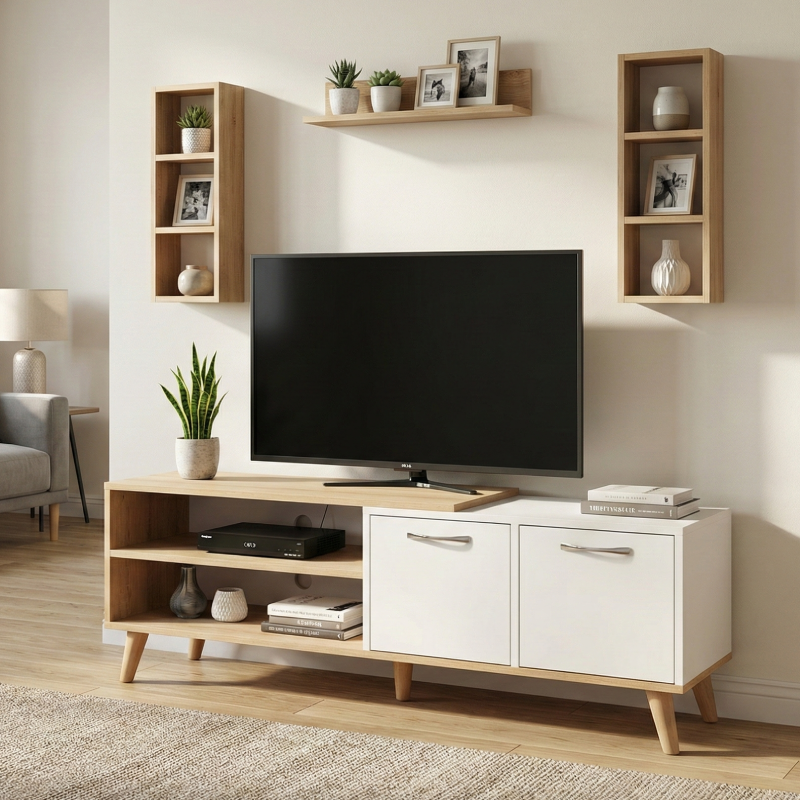 Meuble TV Moderne avec Rangements Mixtes et niches de 3 Pièces L10
