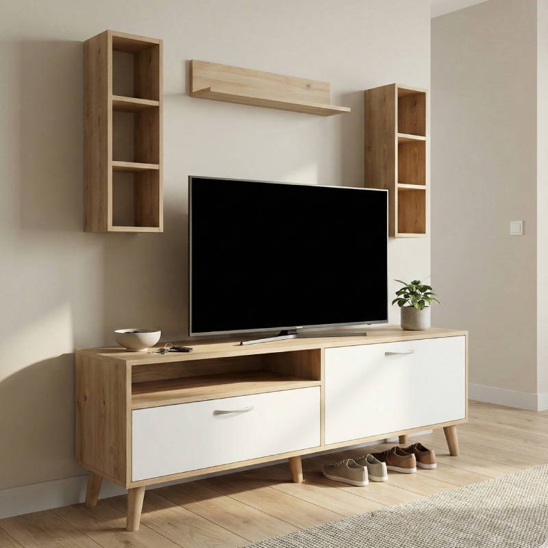Meuble TV Moderne avec Rangements Mixtes et niches de 3 Pièces L4